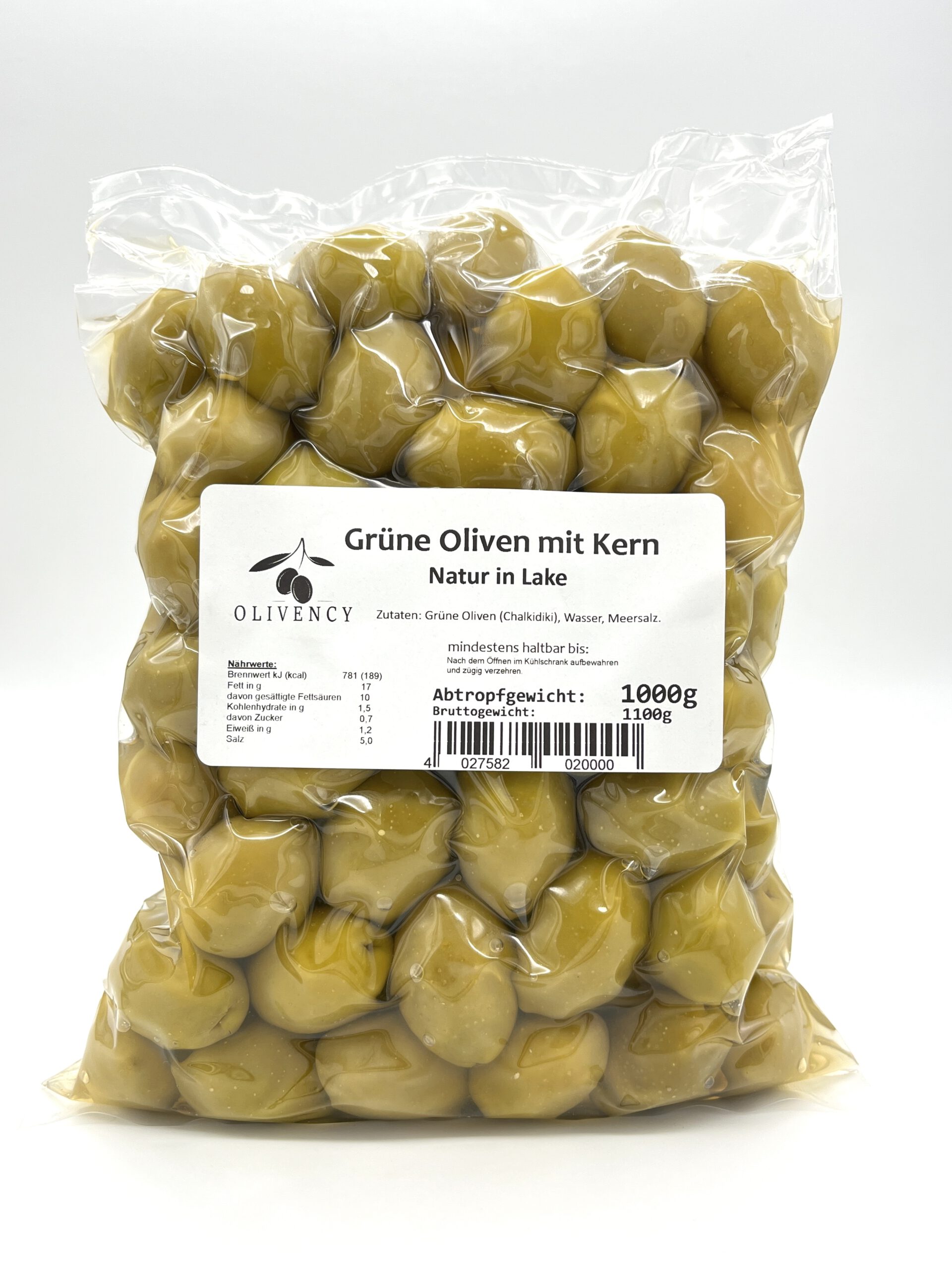 Grüne Oliven mit Stein in Lake | 1.000g vakuumiert | Chalkidiki Griechenland